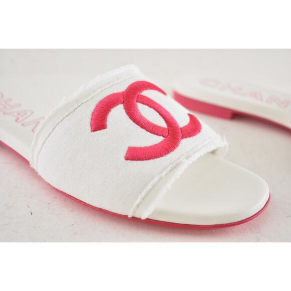 Chanel 24C White Fuchsia Pink CC Logo Fabric Knit Mule Slide Slip On Sandal 38 - Picture 6 of 15